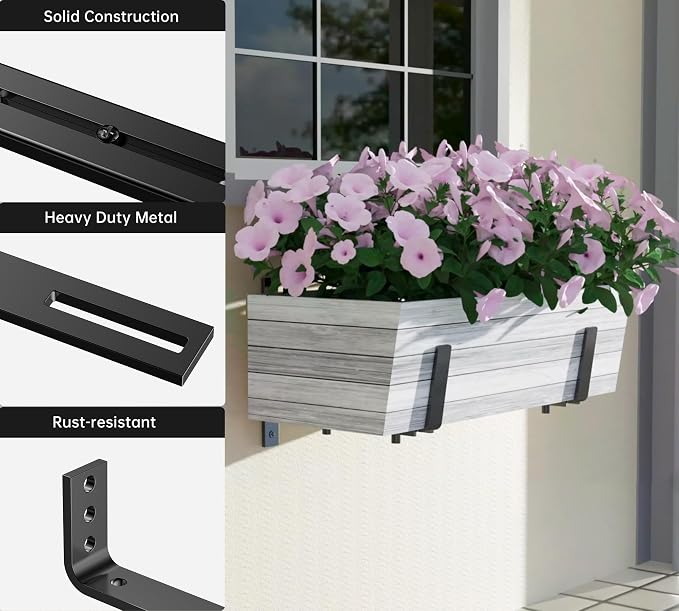 Y&M Adjustable Window Box Brackets for Planter Box, Heavy Duty Wall Mounted Hooks Hangers for Flower Baskets Holder Durable, Brackets for Fence Patio Garden Balcony(2 Packs)