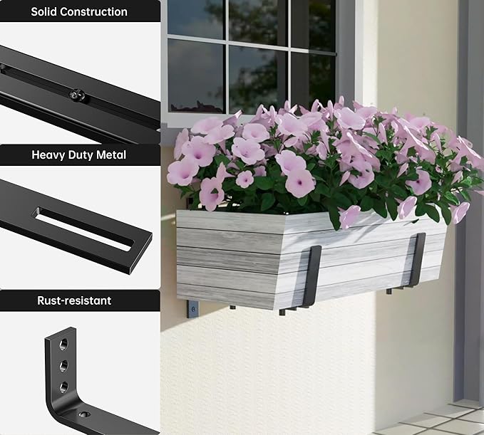 Y&M 4 PCS Adjustable Window Box Brackets for Planter Box, Heavy Duty Wall Mounted Hooks Hangers for Flower Baskets Holder Durable, Hanging Brackets for Fence Patio Garden Balcony