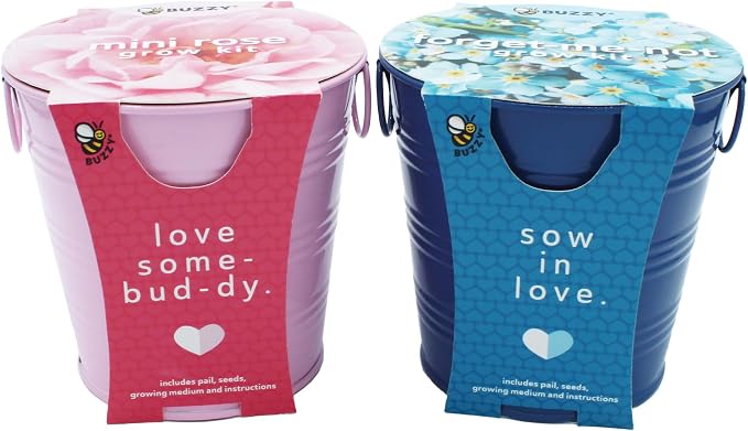 Buzzy Seeds Love Pails Grow Kit 2-Pack - Metal Windowsill Planter - Complete Indoor Gardening Kit with Seeds, Coconut Husk Growing Medium & Genuine Pots - 100% Grow Guarantee