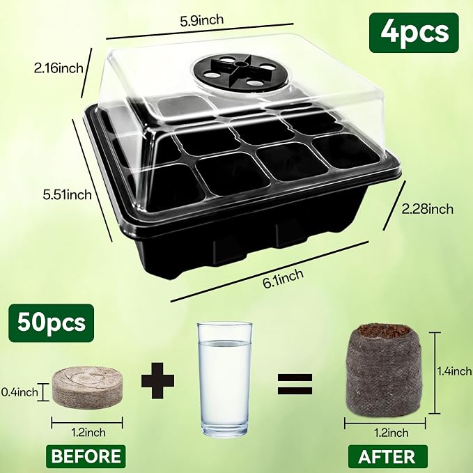 Halatool 8 Pack Seed Starter Tray with 100 PCS Peat Pellets, 96 Cells Black Seeding Starter Trays for Organic Seed Starter Soil Pods for Planting Vegetables Plants Flowers - Starting Seeds Kit
