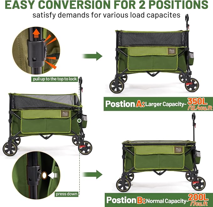 Timber Ridge Collapsible Folding Wagon 350L Extra Large with Brake, Heavy Duty Camping Utility Cart Outdoor, Extended Height Adjustable Handle, Cup Holders, Side Bag, Green