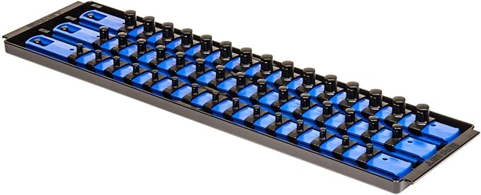 Ernst Mfg 18-Inch Organizer 3 Rail Socket Boss (8451) - Toolbox Organization Tray - SAE & Metric Storage with labels, 57 Twist-Lock Clips for 1/4-inch, 3/8-inch, & 1/2-inch Drive Sets, Blue (Patented)