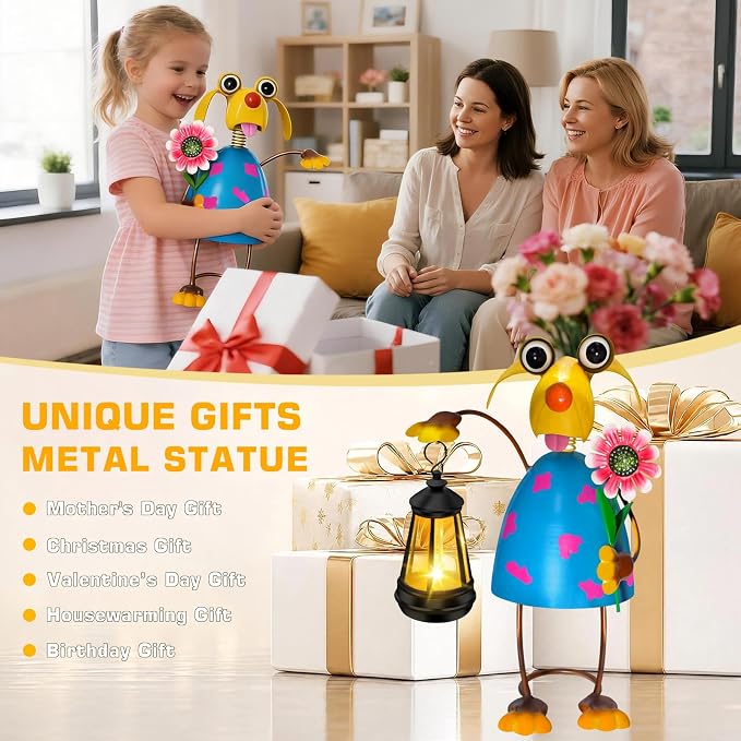 Solar Garden Lights Dog Statue with Solar Lantern Lights,13.38in Tall Dog Decor Outdoor Figurine Lights,Birthday Gifts for Women Mom Grandma,Big Metal Decorative Stakes for Patio,Porch,Yard Art,Lawn