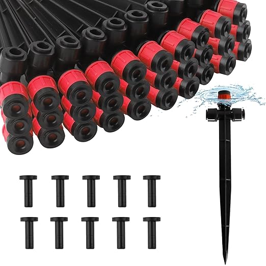 Kalolary Drip Irrigation Emitters, 30pcs Adjustable 360 Degree Water Flow Emitters for 1/4" Tubing, Two-Way Connection Irrigation Drippers for Garden, Lawn, and Greenhouse Watering Systems(Red)