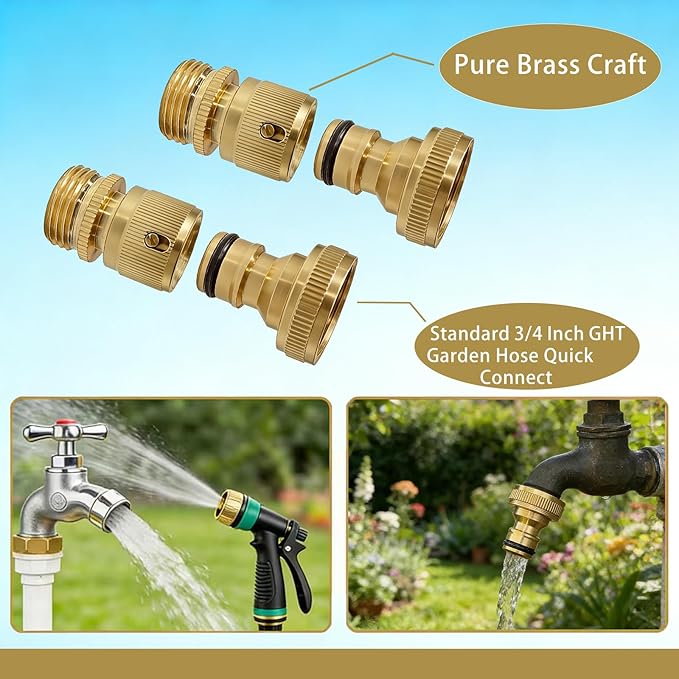 3/4 Inch GHT Solid Brass Garden Hose Quick Connect Fittings, Water Hose Connectors with Leak-Proof Seal for Outdoor Gardening and Cleaning Use (2, Gold)