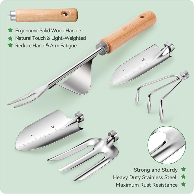 Grenebo Gardening Tools 9-Piece Heavy Duty Garden Hand Tools with Fashion and Durable Garden Tools Organizer Handbag, Rust-Proof Garden Tool Set, Ideal Gardening Gifts for Women