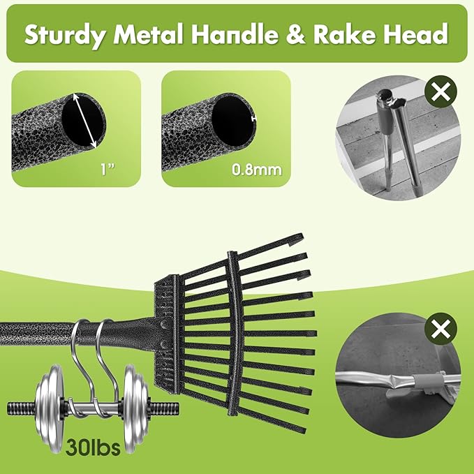 Rake for Leaves, Heavy Duty Small Leaf Rakes for Lawns & Yard with 60” Length 8.5” Width 11 Metal Tines, Lightweight Gardening Rake for Women Men Kids for Shrub,Grass,Mulch