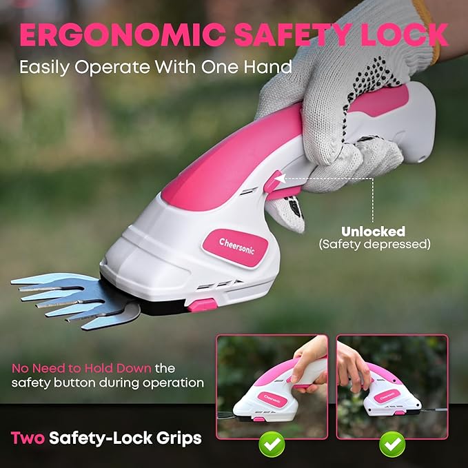 Cordless Grass Shear & Hedge Trimmer 7.2V Handheld Electric Grass Trimmer with 2 * 2000mAh Battery 2 in 1 Lightweight Shrub Trimmer Type-C Cable for Small Bushes, Lawn Edging & Garden Pink