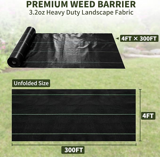 EXTRAEASY 4ft x 300ft Weed Barrier Fabric, Heavy Duty Landscape Fabric, 3.2oz Weed Control Fabric, Tear-Resistant Weed Blocker Ground Cover for Garden, Gravel, Driveway, Flower Bed