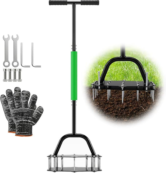Lawn Aerator Spike Tool - 17 Iron Spikes with T-Handle for Yard and Garden | Dirt Clean & Double-Layer Spring, Manual Soil Aerator, Metal Grass Aerator with Gloves for Lawn Soil Loosening