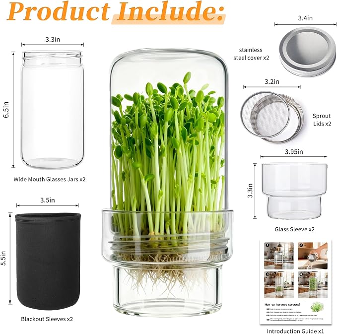 Sprouting Jar Kit, 2 Pack Wide Mouth Mason Jar Sprouting Kit with Sprout Lids, Blackout Sleeves, Drain Cover, Perfect for Home Gardeners, Health Enthusiasts & Vegan Diets