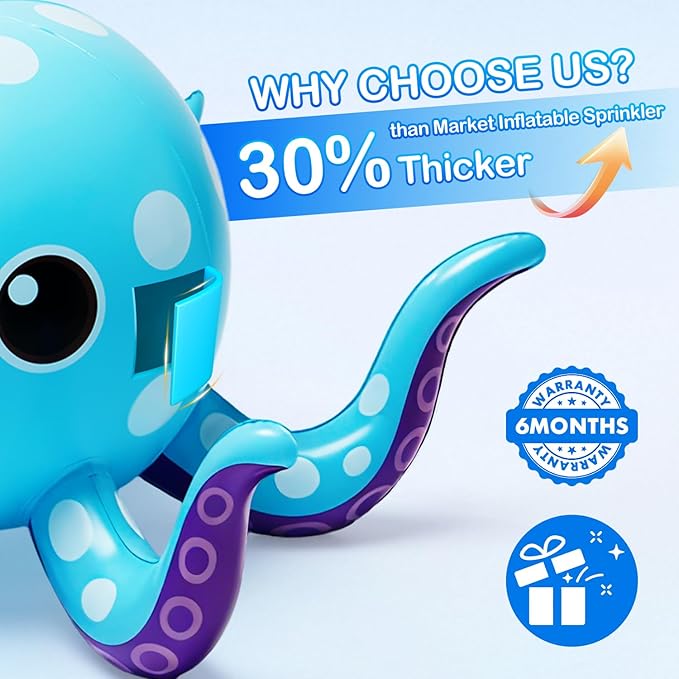 Sprinkler for Kids, Inflatable Octopus Water Toys with 6 Rings, Kids Sprinklers for Yard, Summer Outdoor Toys Backyard Water Spray Sprinkler Fun Toy for 3 4 5 6 7 8 Years and Up Boys Girls Gifts