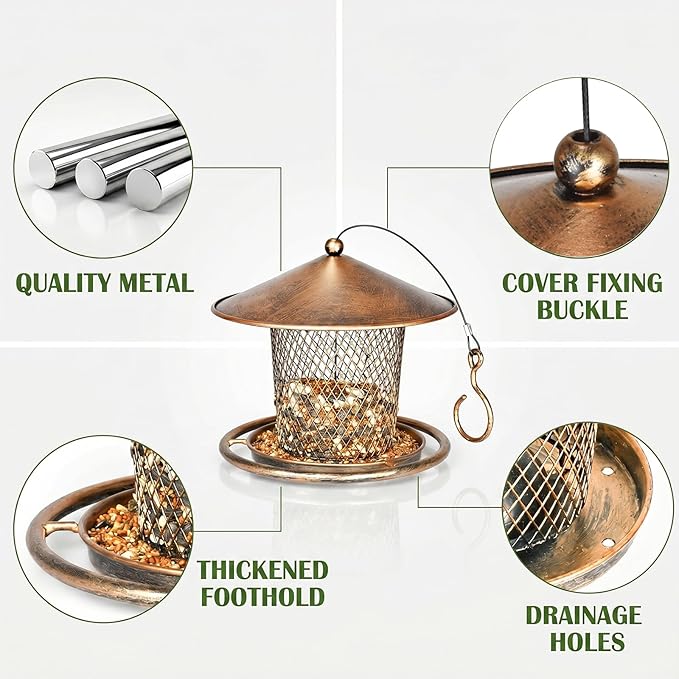 Bird Feeder, Weatherproof Wild Bird Feeders for Outdoors, Birds Feeding Station Metal Round Roof Birdfeeder for Garden Yard Outside Hanging Decor