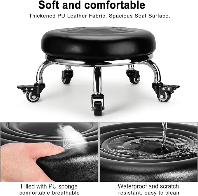 FLOLXNB Low Rolling Stool, Low Stool with Wheels, PU Leather Low Roller Seat Chair, Rolling Seat Stool for Home Office Garage Shop (Style 2)