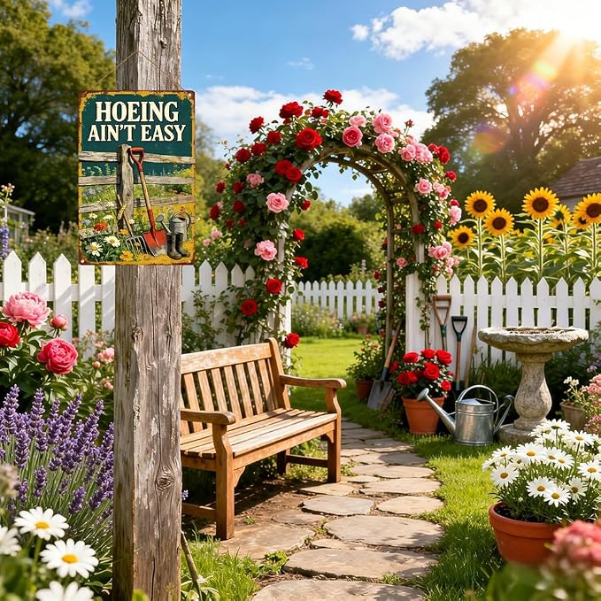 Hoeing Ain't Easy Metal Sign, Aluminum Garden Wall Art for Vegetable Patch Outdoor Funny Farmhouse Gardener Decor for Men Women 12x8 Inch(3016)