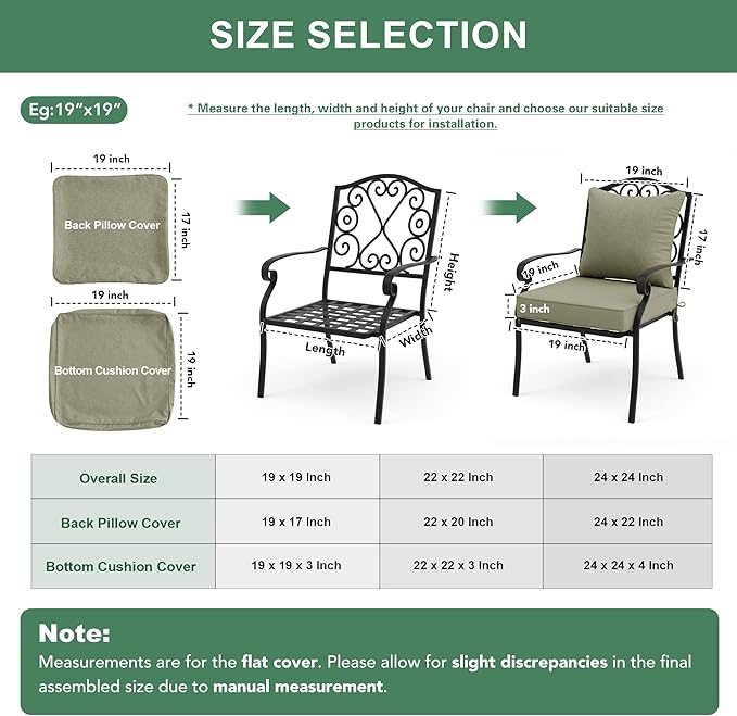 Summsun Water Resistant Outdoor Chair Cushions, Faux Linen Backrest and Deep Seat Cushion Set with Ties, Removable Cover, Non-Slip Bottom for Patio Furniture, 22 x 22 Inch, Mocca Green