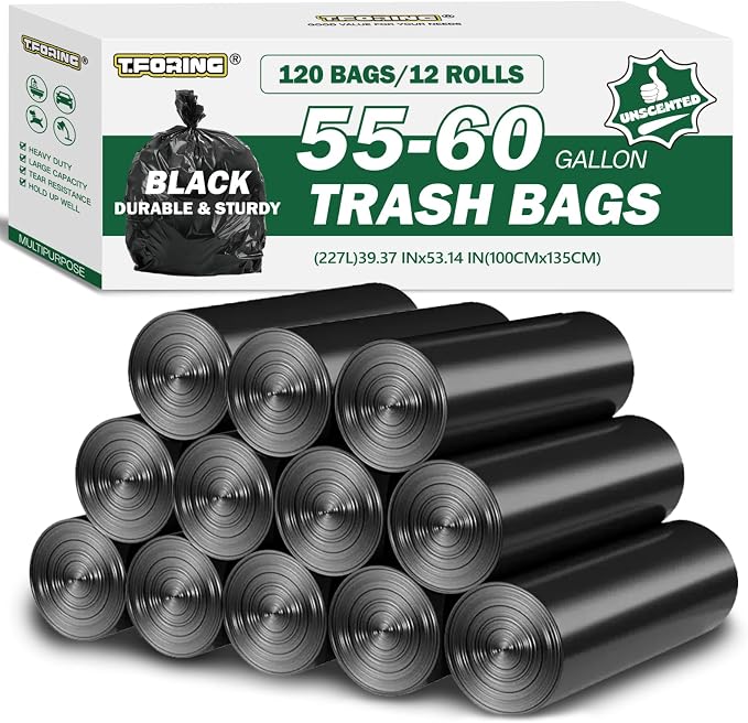 55-60 Gallon Trash Bags Unscented, 40'' x 53'', Black, 120 Count | Huge 50+ Gal Garbage Can Liner,Fit 206 - 225 Liter Bins,Multipurpose for Construction Industrial Yard Outdoor Commercial Bulk