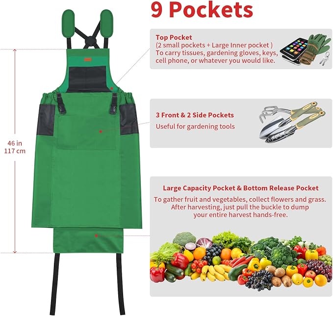 Gardening Apron with Pockets for Women&Men, Harvest Aprons w/Quick Release Pocket, One Size Fits Most, Gardening Gift
