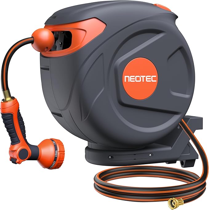 New Retractable Garden Hose Reel 1/2 inch x 85 ft 9 Pattern Nozzle Wall-Mounted Any Length Lock Automatic Slow Return 180° Swivel UV Resistant Heavy Duty Hose Reels for Outside