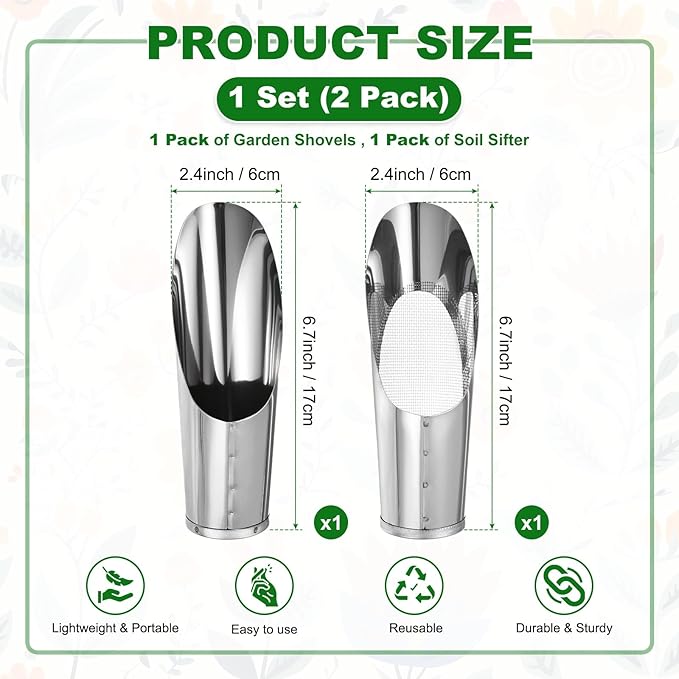 M METERXITY 1-Set Bonsai Soil Scoops, 2.4inch/6cm Stainless Steel Garden Soil Scoop Bucket Shovels and Soil Sifter for Transplanting/Flower Planting, Small Gardening Tools [Silver Tone]