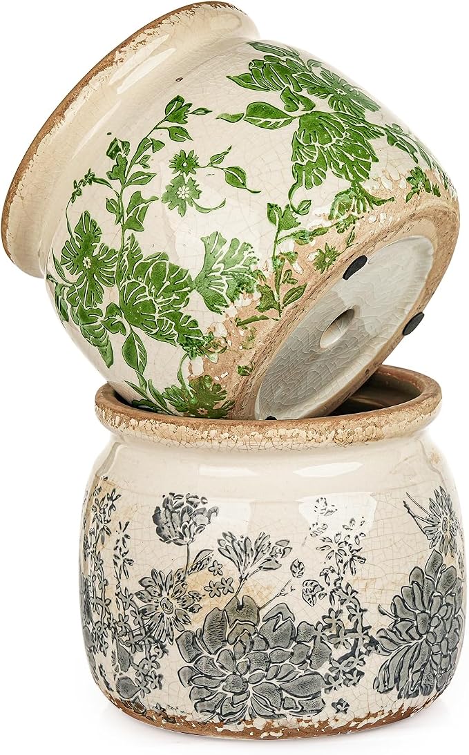 Sungmor Set of 2 Farmhouse Ceramic Planters with Drainage Hole,Vintage Crackle Glaze Flower Pots, Tuscan Decor Pots for Indoor/Outdoor Herbs,Succulents and Small Flowers