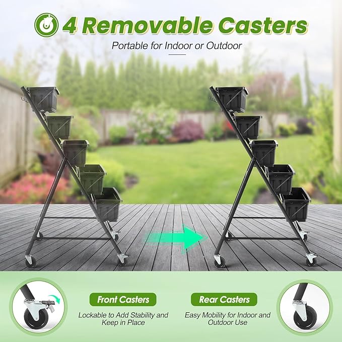 TEANDE 2 Pack Vertical Raised Garden Bed with Wheels, 5-Tier Elevated Planter Box w/Drainage System & 4 Hooks for Herbs Vegetables Flowers, Vertical Garden Planter for Patio Yard Indoor Outdoor