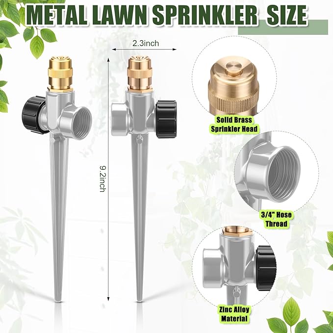 Tioncy 4 Pack Metal Lawn Sprinkler Automatic Garden Water Sprinkler on Spike Base 360 Degree Rotation with Adjustable Brass Nozzle for Lawn Garden Yard (Grey)