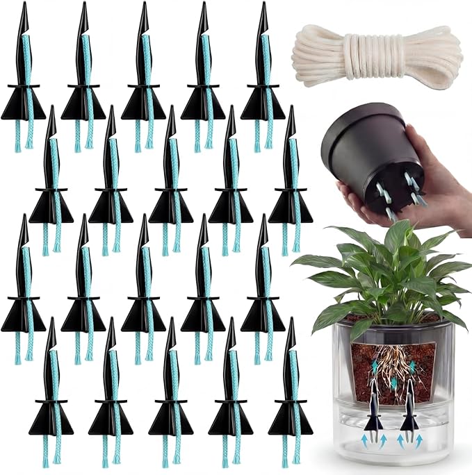 20 Pack Self Watering Spikes for Indoor Outdoor Plants, Automatic Plant Watering Stakes with 32.8ft Capillary Wick Rope, DIY Vacation Waterer for Potted Plant Seedling Garden Pot (Medium)