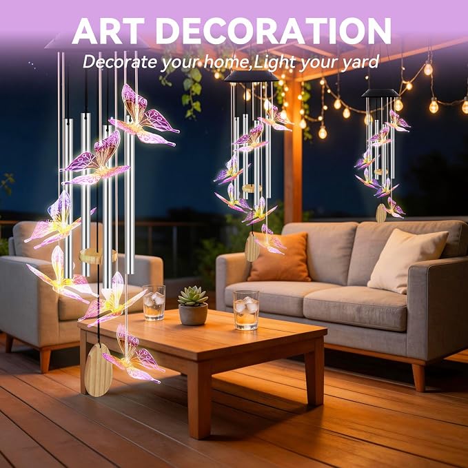 Wind Chimes for Outside, Solar Lights Outdoor Waterproof, Color Changing Butterfly Light for Yard, Outdoor, Patio, Garden Decor, Wind Mobiles Gardening Gifts for Women, Mom, Wife, Purple Butterfly
