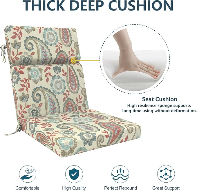DYTXIII Outdoor High Back Chair Cushions Set of 2, 44"x22" Water Repellent Patio Seat Cushions with Elastic Sponge, All Weather Chair Pads for Rocking, Dining Chairs, Patio Furniture - Paisley Vintage