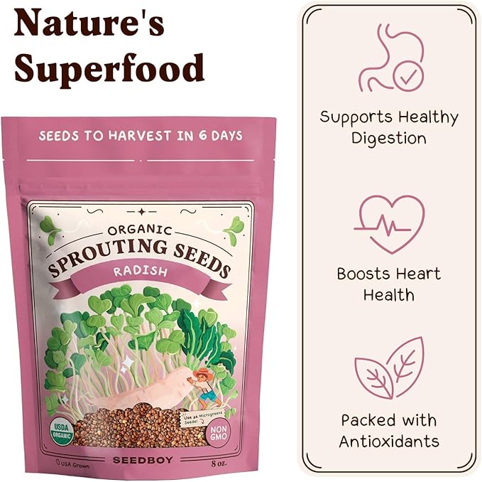 Seedboy Organic Non-GMO Radish Seeds for Sprouting - USA Grown Microgreens Sprouting Seeds - 8 oz Bag Makes 8 Quarts / 32 Servings (Daikon Radish)