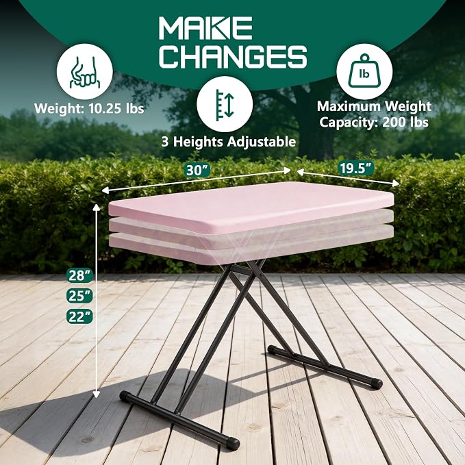 Folding Table 30 Inch - Small Desk Adjustable Height TV Tray for Laptop, Couch, Camping - Heavy Duty Utility Foldable Table for Small Spaces, No Assembly Required, Granite (Pink)