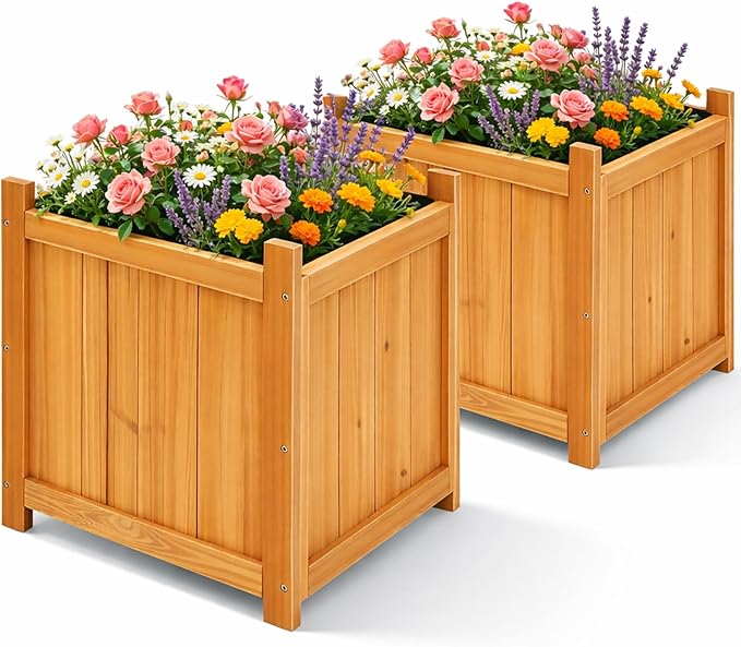 Set of 2 Wooden Planter Boxes Outdoor, 16.1" Square Fir Wood Flower Planters with Liner, Drainage Holes & Removable Bottom Board, Natural Wood Outdoor Bucket Planter for Patio Porch Yard Garden