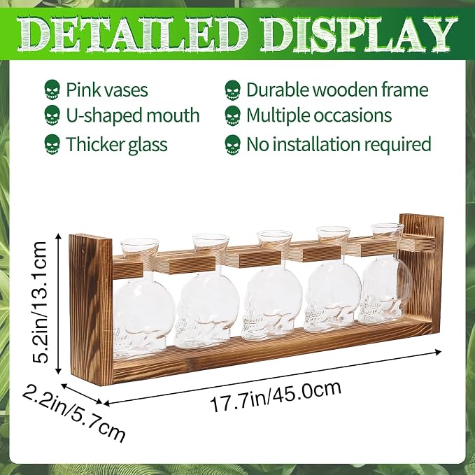 Plant Terrarium Propagation Stations Halloween Skull Planter Vase Skulls Decor with Wooden Stand Gife for Father - 5 Vases