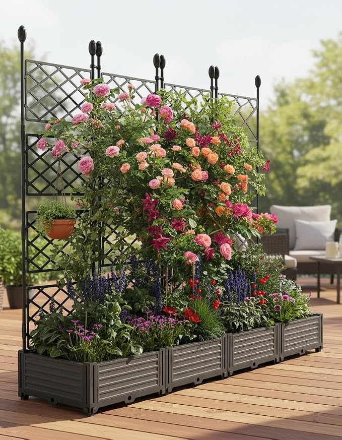 4 PCS Raised Garden Bed with Trellis & Privacy Screen, 66" Wide x 63" Tall Vertical Garden Planter Box for Climbing Plants, Large Outdoor Privacy Screen for Patio, Balcony, Yard, Garden Black