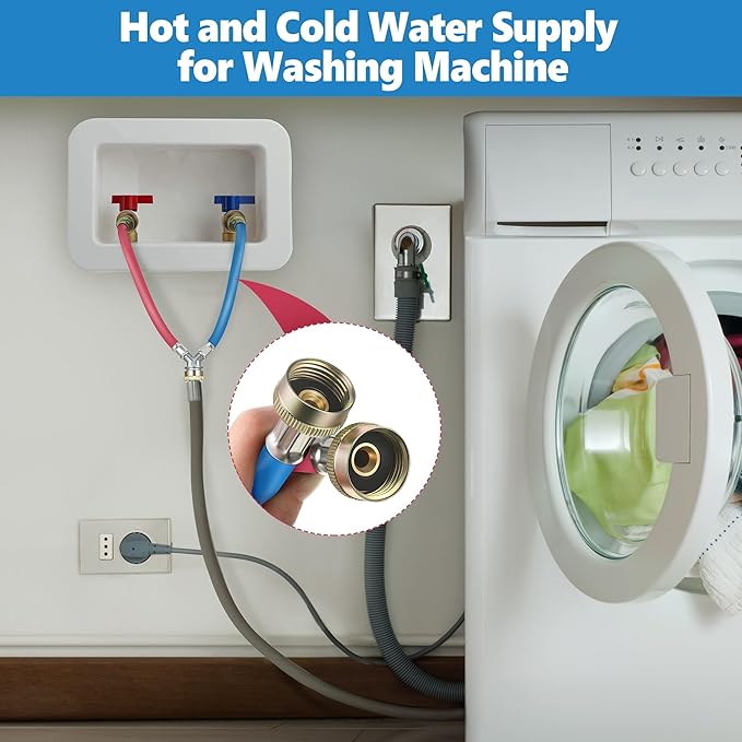 Dreyoo Rubber Washing Machine Y Hose, 3/4 Inch Brass Fittings, 1 ft (12 Inch) Hot and Cold Water Supply Y Mixer Hose Connector for Washing Machines Outdoor Garden Faucets(Red Blue, 2 Pcs)