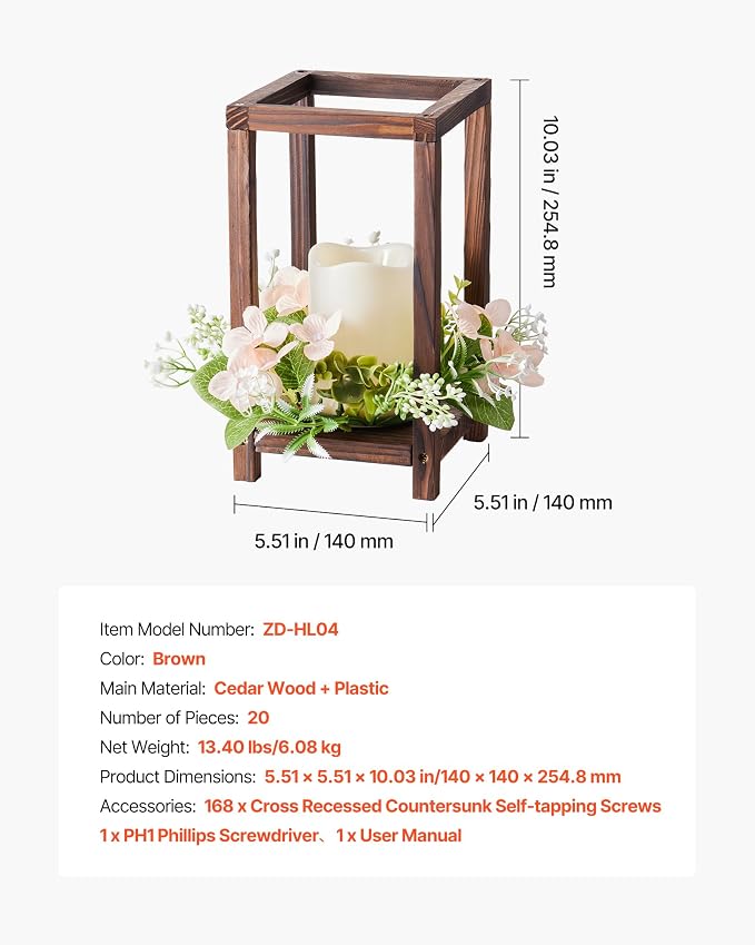 VEVOR 20 Set/60 Pcs Wooden Wedding Lantern Centerpiece, Includes 20 Wooden Lantern Candle Holder 20 Flameless LED Candle 20 Champagne Flower Wreath for Wedding Table Party Farmhouse Decor, Brown