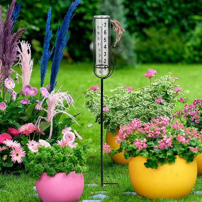 Rain Gauge Outdoor with 7 Inch Glass Tube, Rain Gauges Large Clear Numbers Measure Gauge for Yard, Garden, Lawn(Dolphins)