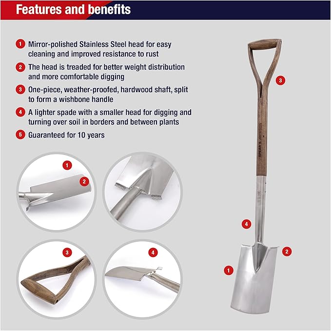 Spear & Jackson Traditional Stainless Border Spade, Mirror-Polished Stainless Steel Head, Weatherproofed Hardwood Shaft, Ergonomic Wishbone Handle