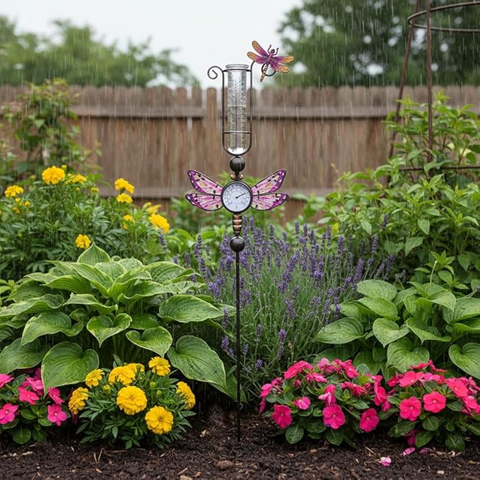 Rain Gauge Outdoor with 7 Inch Tube, Rain Gauges with Thermometer Waterproof Measure Gauge Decor for Yard, Garden, Lawn(Dragonfly)