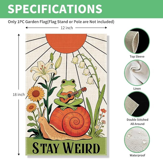 Perfectinsoy Stay Weird Funny Garden Flag, Human Rights LGBTQ Yard Banner, Equality Human Rights Outdoor Sign, Cute Frog Snail Flags, Welcome Yard Farmhouse Lawn Outdoor Decor, Housewarming Flag Gifts