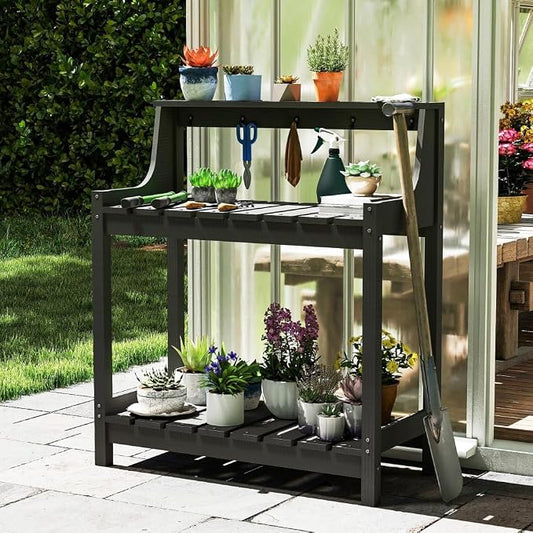 Potting Benches for Outside, HDPE Garden Potting Table All Weather, Outdoor Potting Table with Storage for Patio, Backyard, Garden, Grey