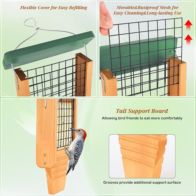 Gbekery Wooden Suet Bird Feeder for Outside Hanging, Woodpecker Suet Feeder with Tail Prop, Hanging Bird Feeder for Wild Birds, 1 Pack, Green