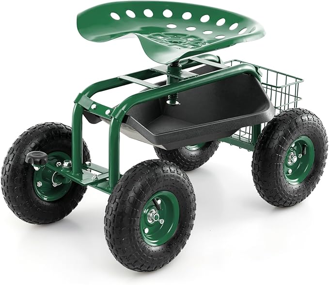 S AFSTAR Rolling Garden Cart, Wagon Scooter with 360° Swivel Seat, Storage Tray, Basket & Rubber Wheels, Heavy-Duty Gardening Tool Cart for Weeding, Patio & Yard (Green)