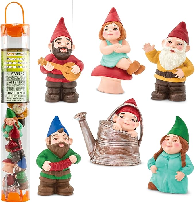 Safari Ltd. Gnome Family TOOB, 6 Mini Figurines, Garden Gnomes and Fairy Garden Accessories, Whimsical Fantasy Figures, Kids Toy Set and Collector Gift, Ages 3+