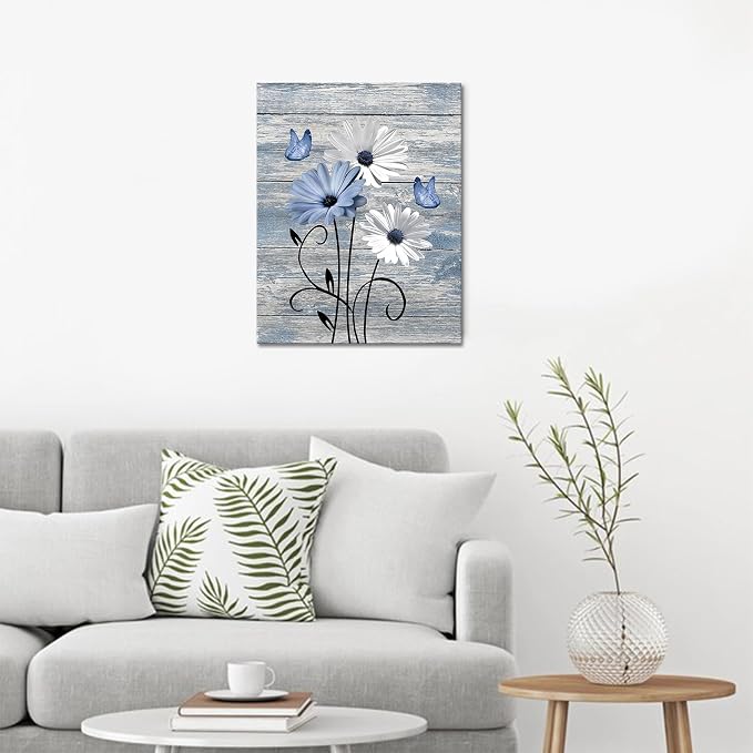 MYUSRE Blue and White Flower Wall Art for Bathroom, Farmhouse Daisy with Butterfly on Retro Wooden Canvas Wall Art Country Wildflower Pictures for Bedroom Home Wall Decor, 20L X 16W inches
