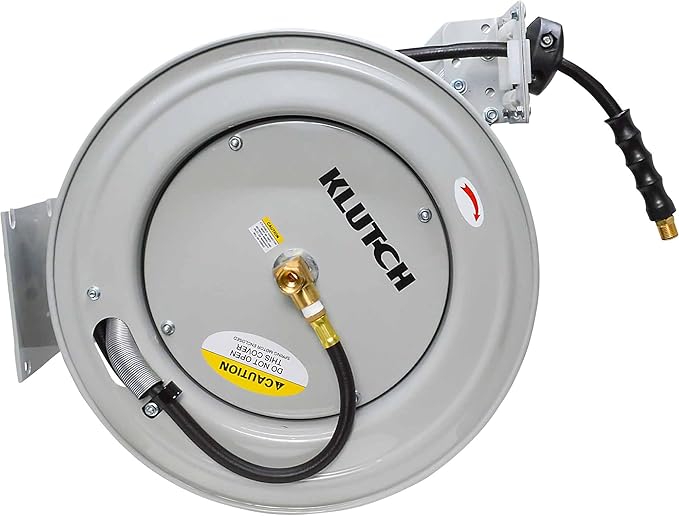 Klutch Auto-Rewind Air Hose Reel with 1/2-Inch x 50-Foot Rubber Hose - 300 PSI Max, Gray Wall-Mount Reel for Pneumatic Air Tools
