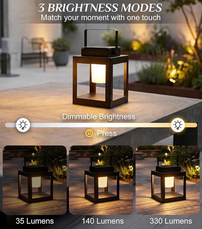 Solar Lanterns Outdoor Waterproof, Portable Outdoor Table Lamp with Handle, 3-Way Dimmable Soft Warm LED Light, Dual USB/Solar Charging Hanging Lantern for Patio BBQs, Camping, Emergency Use