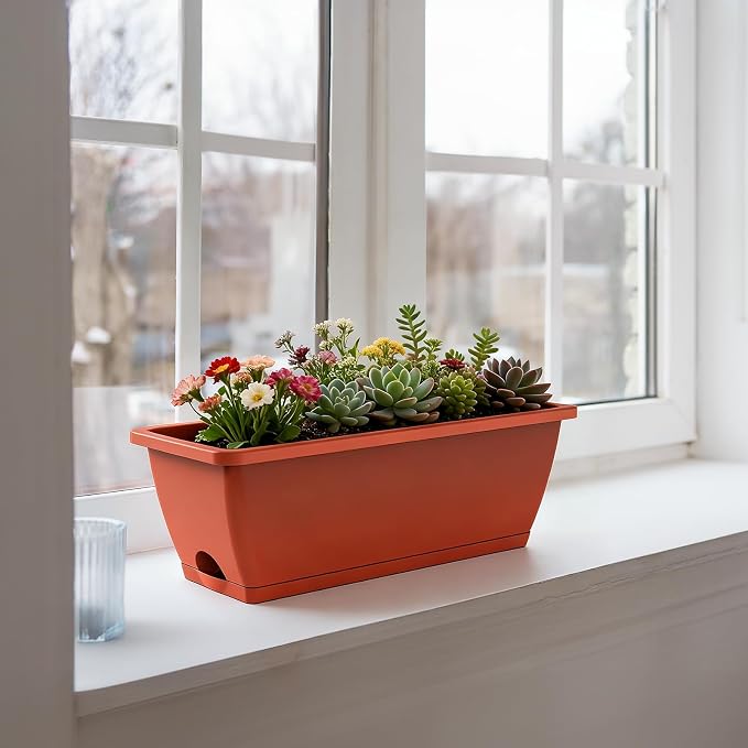 Rectangle Planters Box, 4 Pack Deck Hanging Planters for Railings, Window Box Planter with Drainage Holes & Trays, 16.9 Inch Balcony Planters Railing Hanging with Metal Brackets, Red