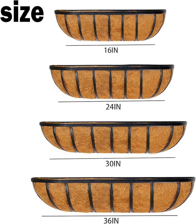 4 Pcs 36“ Railing Planter Window Box Deck Railing Planter Boxes with Coco Liner English Horse Trough Planters Metal Wall-Mounted Planters Basket for Outdoor Balcony Porch Fence Patio Rail
